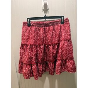 Alelly Red Floral Ditsy Print Tiered Ruffle Mini Skirt Smocked Waist Womens L